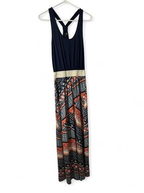 Vtg Y2K Vanity Navy and Pink Patterned Maxi Dress with Crochet Elastic Waistband